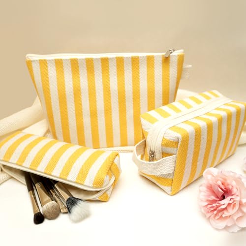 3 Pcs Makeup Bag Set Striped Canvas Purse Cosmetic Bag For Women Travel Toiletry Pouch Organizer pencil case (Yellow-White) - color: Yellow-White