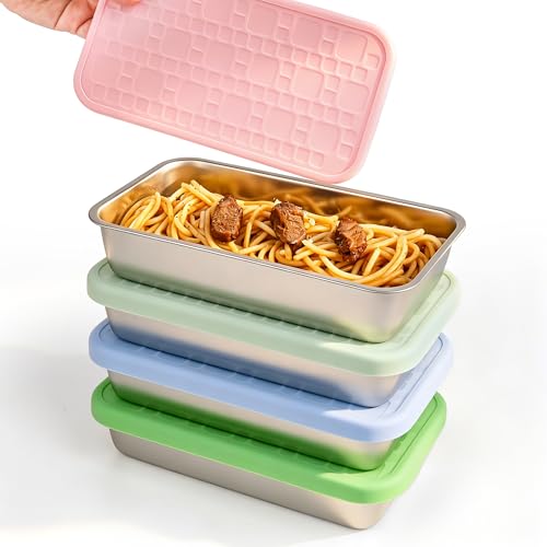 4 Pack 15 oz Stainless Steel Food Storage Containers with Silicone Lids, Leakproof Single Compartment Metal Containers, Reusable Lunch Boxes for Meal Prep, Leftovers, Travel, Camping, Fridge Storage - color: 1 Compartment – A
