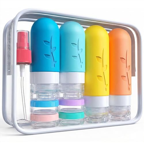 DEPOZA Travel Bottles Kit (16 Pack) - TSA Approved, Leak Proof Silicone Squeezable Containers for Toiletries. Complete Set with Jars, Sprayers & Bag (White) - color: White