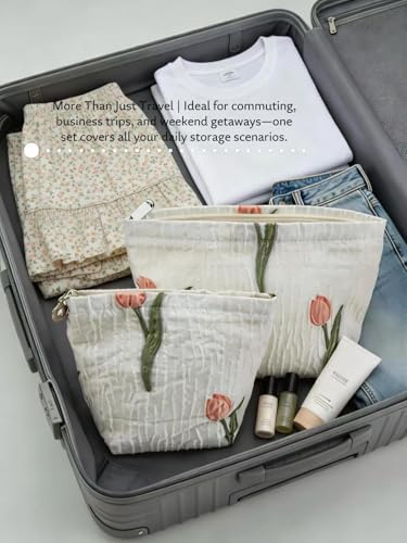 2-Pack Tulip Print Makeup Bag Set - White Fabric Cosmetic Organizer Pouches (1 Large + 1 Small) for Daily & Travel Use - color: B05-tulip
