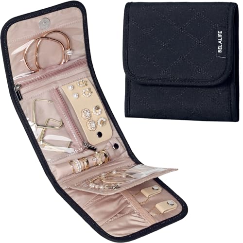 BELALIFE Travel Jewelry Case Organizer, Small Foldable Storage Roll for Earrings, Necklaces, Rings, Bracelets, Brooches, Black - color: Black, size: Small