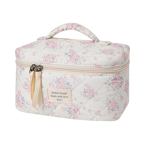 uekeboag Large Travel Quilted Makeup Bag for Women, Floral Cotton Cosmetic Bag, Coquette Aesthetic Floral Toiletry Organizer Bag - color: 07PinkRose