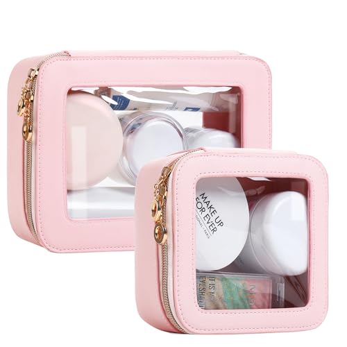 Leather Clear Makeup Bags Set - Travel Clear Cosmetic Bag Case with Zipper, Transparent TSA Approved Toiletry Bags for Travel Essentials Car Accessories for Women (Pink, S+M) - color: Pink, size: Mini+Medium