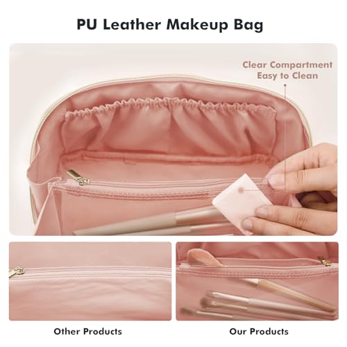Prite Makeup Bag for Women Travel Waterproof Vegan Leather Cosmetic Bag Open Flat Toiletry Bag With Clear Divider and Handle (Pink, Medium) - color: Pink, size: Medium