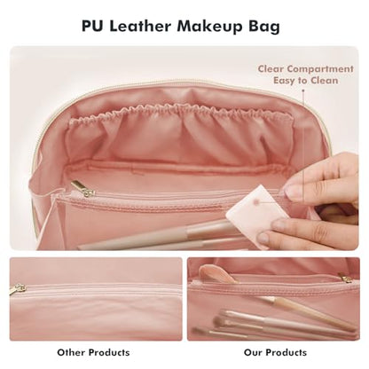 Prite Makeup Bag for Women Travel Waterproof Vegan Leather Cosmetic Bag Open Flat Toiletry Bag With Clear Divider and Handle (Pink, Large) - color: Pink, size: Large