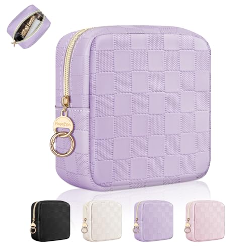 4.9" Small Makeup Bag, Checkered Mini Cosmetics Bag for Purse with Ring Buckle, Portable Small Travel Makeup Pouch for Women, Birthday/Wedding/Christmas Gifts (Checkered, Purple) - color: Checkered Purple-4.9 inch