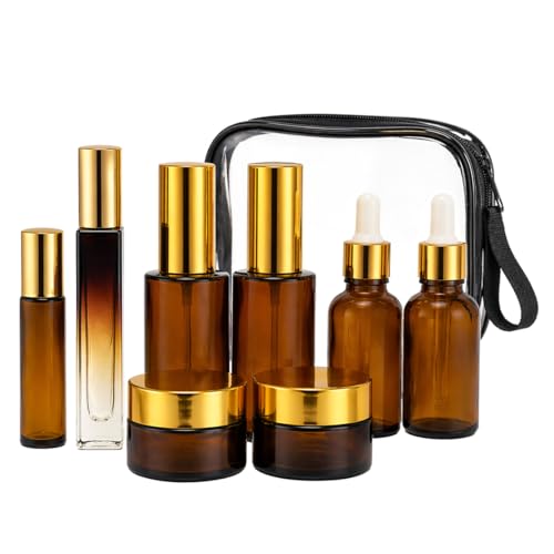 18Pack Avoid Light Glass Travel Bottles for Toiletries, TSA Approved Travel Skincare Containers with Label, BPA Free Leak Proof,Golden-Brown - color: Golden-brown glass