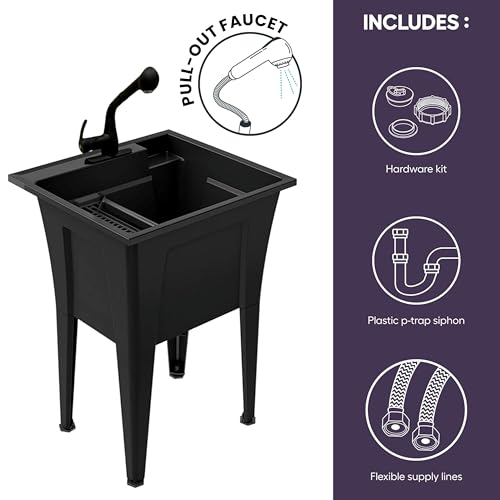 Freestanding Utility Sink with One Handle Black Faucet - 24" Plastic Utility Sink for Garage, Laundry, Indoor and Oudoor Use - Laundry Tub Kit by Noah William Home - Black (19.5 gal) - color: Black - One handle black faucet
