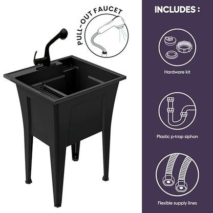 Freestanding Utility Sink with One Handle Black Faucet - 24" Plastic Utility Sink for Garage, Laundry, Indoor and Oudoor Use - Laundry Tub Kit by Noah William Home - Black (19.5 gal) - color: Black - One handle black faucet