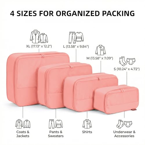 4 Piece Compression Packing Cubes for 3–7 Day Travel, Space Saving Travel Organizers with Breathable Mesh, Double-Zipper Packing Cubes for Carry-On & Suitcases (Blush) - color: Blush
