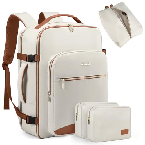 LOVEVOOK 50L Travel Backpack for Women Men,Waterproof Airline Approved Carry On Luggage Travel Essentials,TSA Carry On Backpack Personal Item Travel Bag Suitcase Weekender Traveling with Packing Cubes - color: Beige-brown
