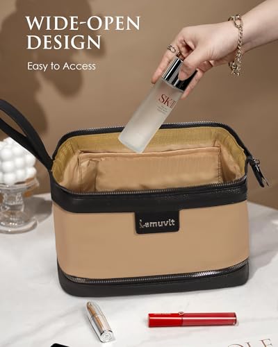 Double-Layer Toiletry Bag, Water-Resistant Hybrid Leather Cosmetic Organizer with Wet/Dry Compartments, 26x15x16cm (Khaki, Double layer) - color: Khaki