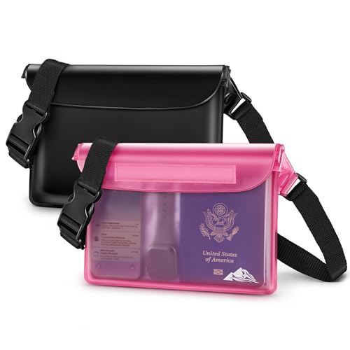 HEETA Waterproof Fanny Pack, Waterproof Pouch Dry Bag 2-Pack for Phone Passport Purse, Adjustable Waist Strap for Swimming Kayaking Boating Paddle Board Accessories Cruise Beach Camping Essentials - color: Black & Pink