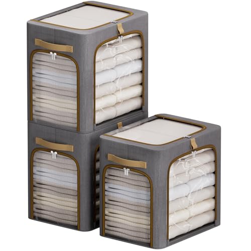 CYhom Clothes Storage Bins with Metal Frame,3 See-Through Windows Openings Clothing Storage Bin,3 Pack Foldable Storage Bins Boxes for Closet (Dark Grey, 55L-16.5 x 12.6 x 16.1IN) - color: Dark Grey, size: 16.5 x 12.6 x 16.1 in