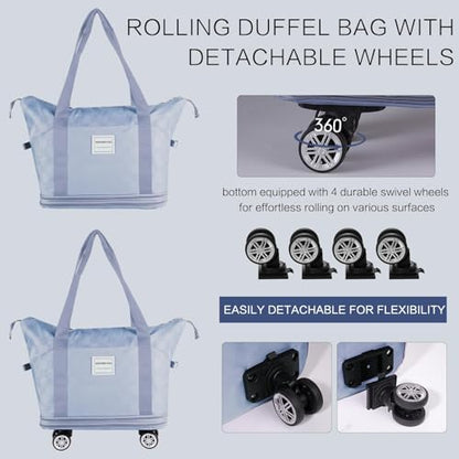 Expandable Rolling Duffle Bag - Large Carry-On With Spinner Wheels, Foldable Weekend Travel Bag, 28-58L Capacity（Backpack-Blue Checkboard） - color: Backpack-Blue Checkboard, style: Backpack