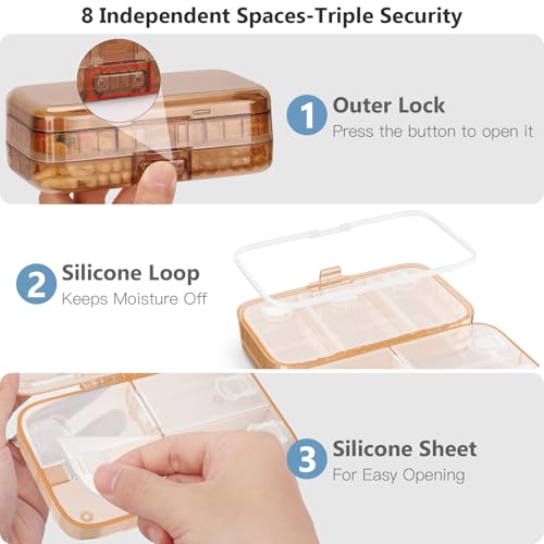 FYY Weekly Pill Organizer with Labels,8 Compartments Travel Daily Pill Case Airtight Moistureproof Large Pill Box to Hold Vitamins, Fish Oil, Supplements,Cotton Swab and Bandages-Brown - color: Brown