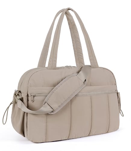 Lightweight Travel Duffle Bag for Women, Quilted Puffy Weekender with Wet Pocket for Gym, Overnight, Personal Item Carry On, Camel - color: Camel