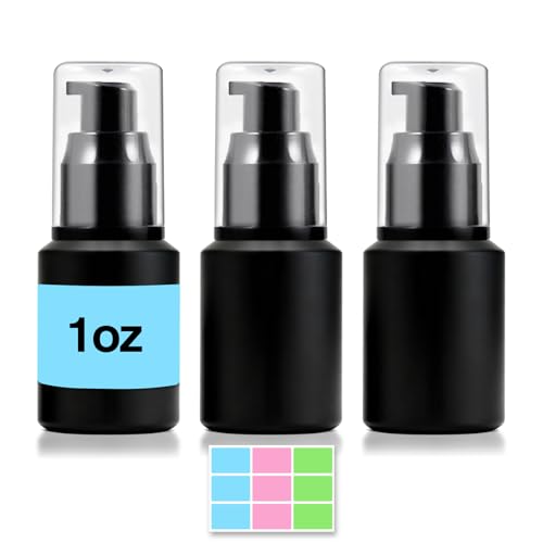 3PCS 30ML/1OZ Empty Black Frosted Glass Bottles with Pump Refillable Vial Cosmetic Dispenser Jars Storage Travel Lotion Container Portable Sample Bottle for Toiletries,Foundation,Cream,Gel,Lotion - color: Black, size: 1 Ounce