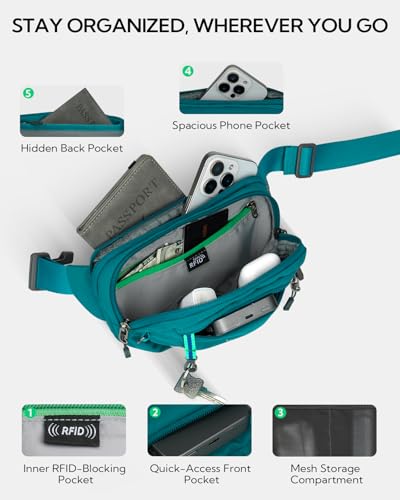 WATERFLY Small RFID Fanny Pack: 1.5L Slim Mini Anti-Theft Crossbody Waist Bag with Extender Strap, Water-Resistant Waist Pack for Men Women Travel Hiking Running-Peacock Blue - color: Peacock Blue