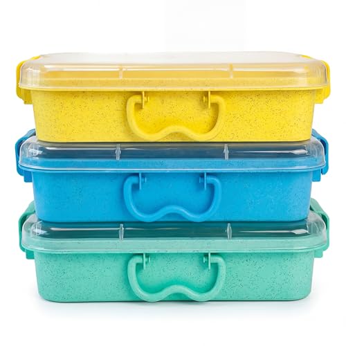 Carolart 3 Pack 12.8 Inch Wheat straw Plastic Storage Bins, Stackable | 40% wheat straw blend containers with lids for sand toy storage, classroom supplies, crafts, toys and homeschool use - color: Wheat straw