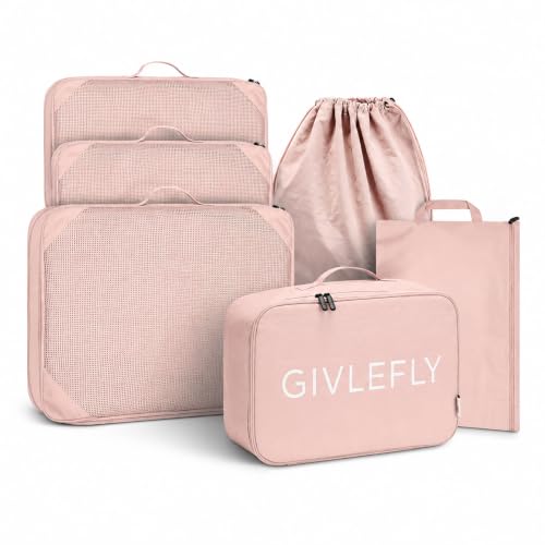 GIVLEFLY Compression Packing Cubes for Travel, 6-Piece Lightweight Luggage Organizer Bags, Space Saving Suitcase Packing Set for Women - color: Pink