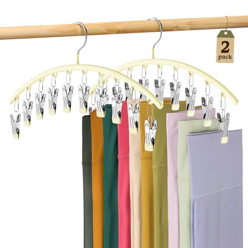 Volnamal Legging Organizer for Closet, Metal Yoga Pants Hangers 2 Pack w/10 Clips Holds 20 Leggings, Space Saving Hanging Closet Organizer w/Rubber Coated Closet Organizers and Storage, Ivory - color: Ivory, size: 2 Pack