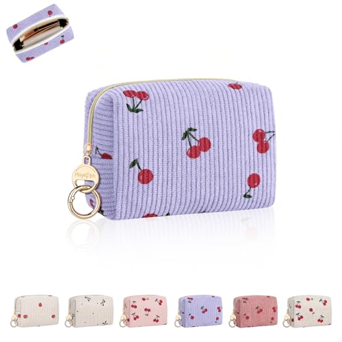 Mini Makeup Bag, Corduroy Small Cosmetic Bag for Purse with Ring Buckle, Cherry Travel Makeup Pouch for Lipsticks, Chapsticks, Coin, Earphone, Credit Card (Light Purple) - color: Cherry-Light Purple