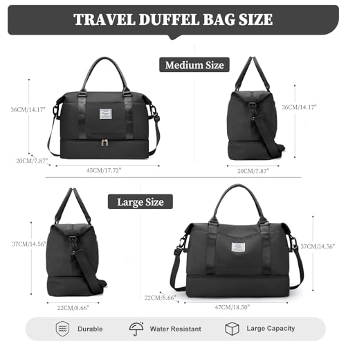 Weekender Bags for Women,Personal Item Travel Bag with Shoes Compartment,Overnight Travel Duffel Bag with Toiletry Bag,Medium - color: Black, size: Medium