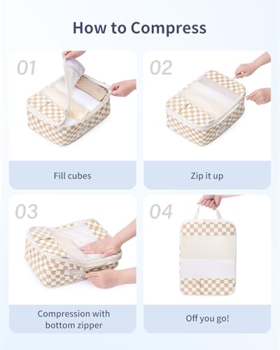 Narwey 6 Set Compression Packing Cubes for Travel Women Men, Travel Cubes for Carry On Suitcase, Durable Compression Luggage Organizer Bags - color: ZZ-Light Checkerboard