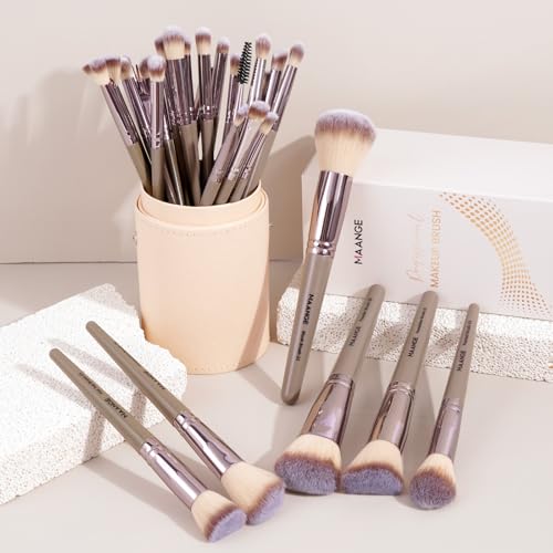 MAANGE 30 Pcs Professional Makeup Brush Set with Travel Case – Kabuki, Foundation, Powder, Blush,Blending& Eyeshadow Brushes, Labeled for Gift-Ready Box,Champagne - color: Champagne