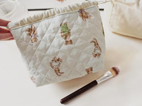 HAPPYHEIDI Quilted Cotton Drawstring Makeup Bag Set 2 Size w Compartment Cosmetic Toiletry Travel Pouch,Purse Organizer,Brown Teddy Bears - color: KJM-Quilted Cotton Pouch with Compartment Set of 2- Cute Teddy Bears