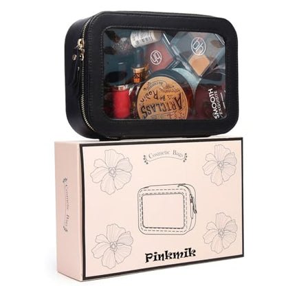 Pinkmik Clear Makeup Bag Transparent Travel Case for Cosmetics and Toiletries Women's Clear Car Bag with Zipper (Black, Small) - color: Black, size: Small