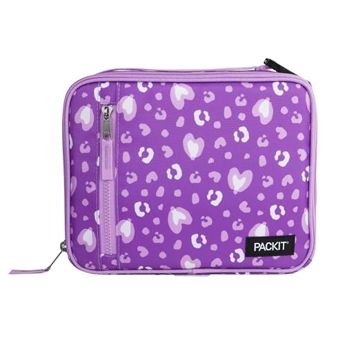 PackIt Freezable Classic Lunch Box, Leopard Hearts Purple, Built with EcoFreeze Technology, Collapsible, Reusable, Zip Closure With Front Pocket and Buckle Handle, Designed for Fresh Lunch On the Go - color: Leopard Hearts Purple