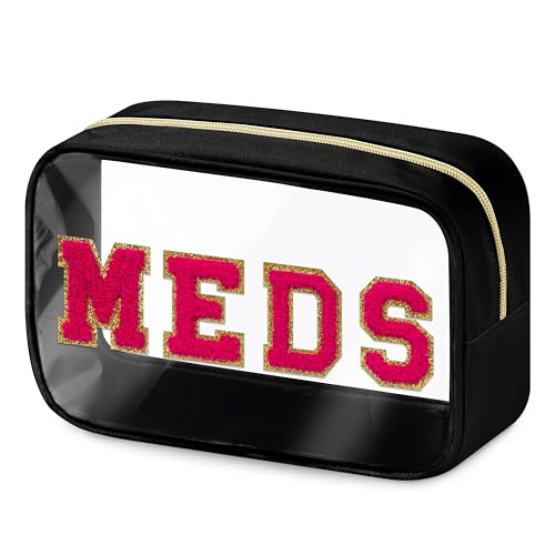 BuyCard Clear Meds Chenille Letter Nylon Makeup Bag - Portable Preppy Patch Cosmetic Toiletry Travel Storage Medicine Bag With Zipper for Women Girls Black - color: MEDS-Black, style: 1 Pcs-clear
