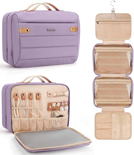 COOSKY Women's Hanging Toiletry Bag, Waterproof Travel Cosmetic Organizer with Jewelry Storage, Large Capacity Makeup Case for Full-Size Skincare & Bathroom Essentials, Portable Cosmetic kit, Purple - color: Purple