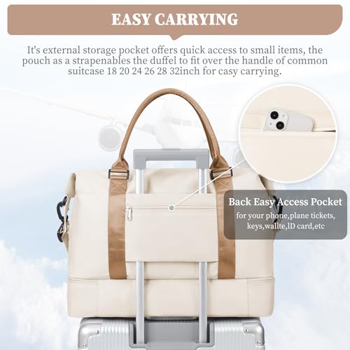 Weekender Bags for Women,Personal Item Travel Bag with Shoes Compartment,Overnight Travel Duffel Bag with Toiletry Bag,Medium - color: Beige & Brown, size: Medium