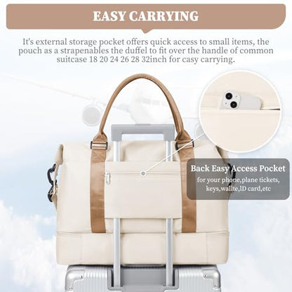 Weekender Bags for Women,Personal Item Travel Bag with Shoes Compartment,Overnight Travel Duffel Bag with Toiletry Bag,Medium - color: Beige & Brown, size: Medium