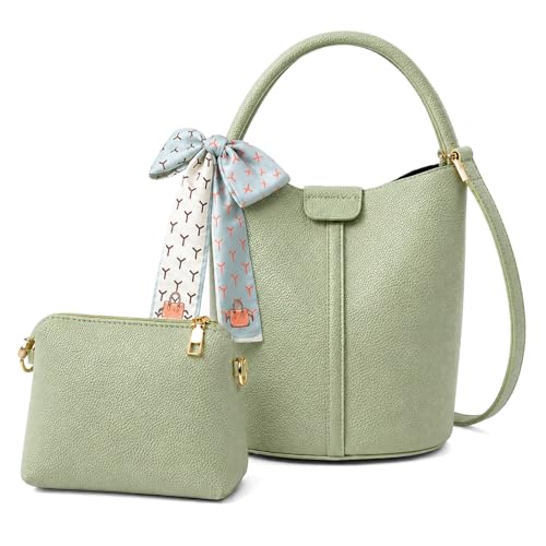 Vegan Leather Bucket Bag for Women Crossbody Bucket Purse with Removable Fashion Bucket Handbag - color: Green