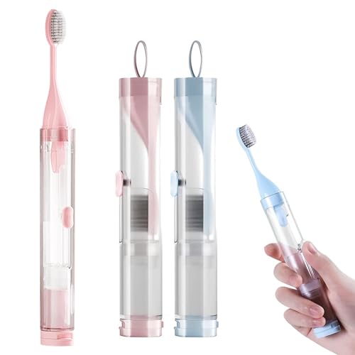 2Pcs Travel Toothbrushes Kit Fold Travel Size Toothbrushes Built-in Toothpaste Container, Including 2 Cleaner Head Soft Bristles for Camping, School, Business Trip (Blue, Pink) - color: Blue&pink