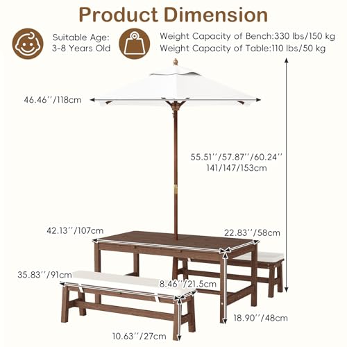 Olakids Kids Picnic Table, Outdoor Wooden Bench Set with Removable Cushions Adjustable Foldable Umbrella, Toddler Backyard Furniture for Patio Garden