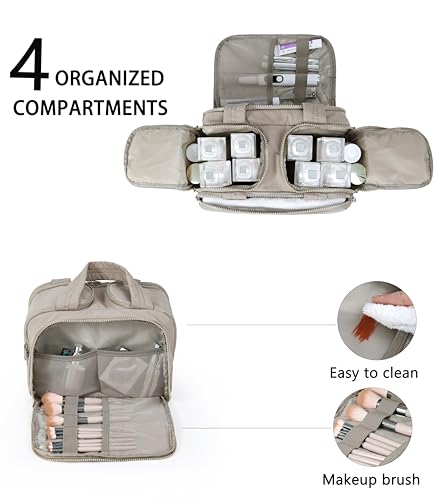 Travel Toiletry Bag for Women, Large Wide-open Puffy Cosmetic Makeup Bag with Wet-Dry Separation, Multi-Pocket Organizer with Carry Handle for Toiletries, Cosmetics, Essentials, Camel - color: Camel