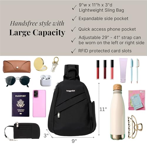 Baggallini Medium Sling Backpack - 9"x11" Lightweight Sling Bag with Convertible Adjustable Shoulder Strap - color: Black