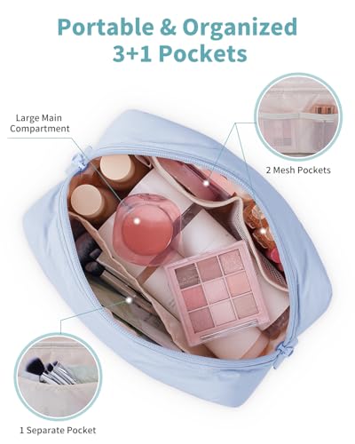 Narwey Quilted Makeup Bag for Women Girl, Puffer Travel Cosmetic Bag Puffy Make Up Bag Organizer, Cute Travel Toiletry Bag for Toiletries (Blue) - color: Blue