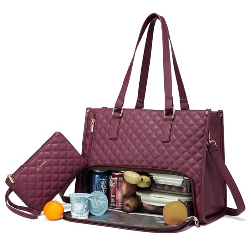 LOVEVOOK Lunch Tote Bag for Women, 15.6 Inch Laptop Bag with Insulated Lunch Compartment, Quilted Large Capacity Computer Handbag with Purse for Business, Work, Nurse, Collage, Office, Casual, Wine - color: Wine, size: 15.6 Inch