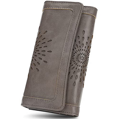 APHISON Womens Wallets RFID Blocking Leather Clutch Long Wallet for Women Card Holder Phone Organizer Ladies Travel Purse Hollow Out Sunflower Design Gift - color: dark-gray