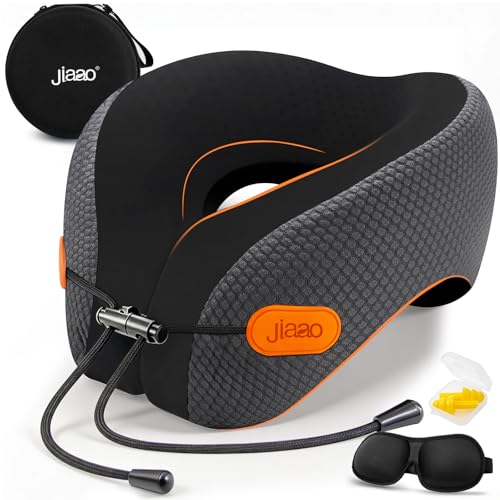 jiaao Travel Pillow Memory Foam Neck Pillow for Airplanes with Adjustable Neck Support, Includes Eye Mask, Earplugs & Storage Bag - Perfect for Flights, Road Trips, and Trains - color: Black & Gray(drawstring)