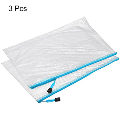 MECCANIXITY Mesh Zipper Bags, A3 Size Plastic Zip File Pouch Document Folders for Home Office Travel, Sky Blue Pack of 3 - color: Sky Blue