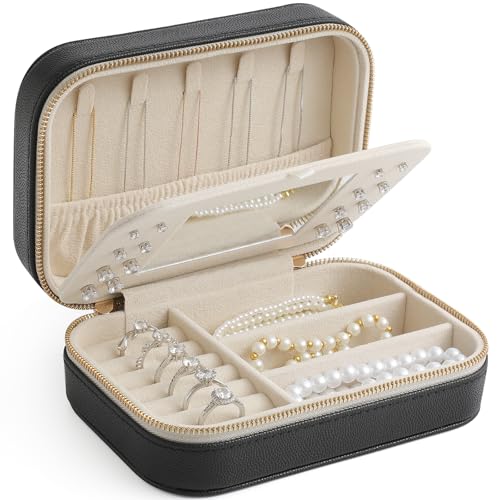 Genuine Leather Travel Jewelry Organizer Case with Mirror for Women, Small Mini Portable Jewelry Box for Ring Earrings Necklace Bracelet Luxury Gift for Women（Black） - color: Caviar Grain Leather Black