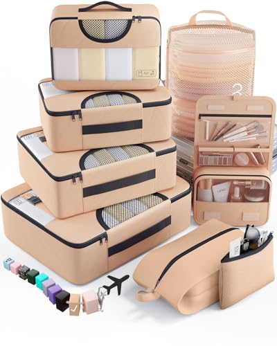 Veken 8 Set Packing Cubes for Travel Essentials,Anti-Wrinkle Buckled Suitcase Organizer for Shoe & Toiletry Bag,Carry On Luggage Bag for Airplane & College Dorm Room Accessories,Women Men Gifts - color: 21 Gold