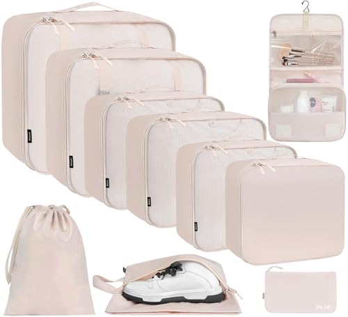 BAGAIL 6 Set/8 Set/10 Set Packing Cubes Various Sizes Packing Organizer for Travel Accessories Luggage Carry On Suitcase - color: Cream, style: 10 Set-full Mesh